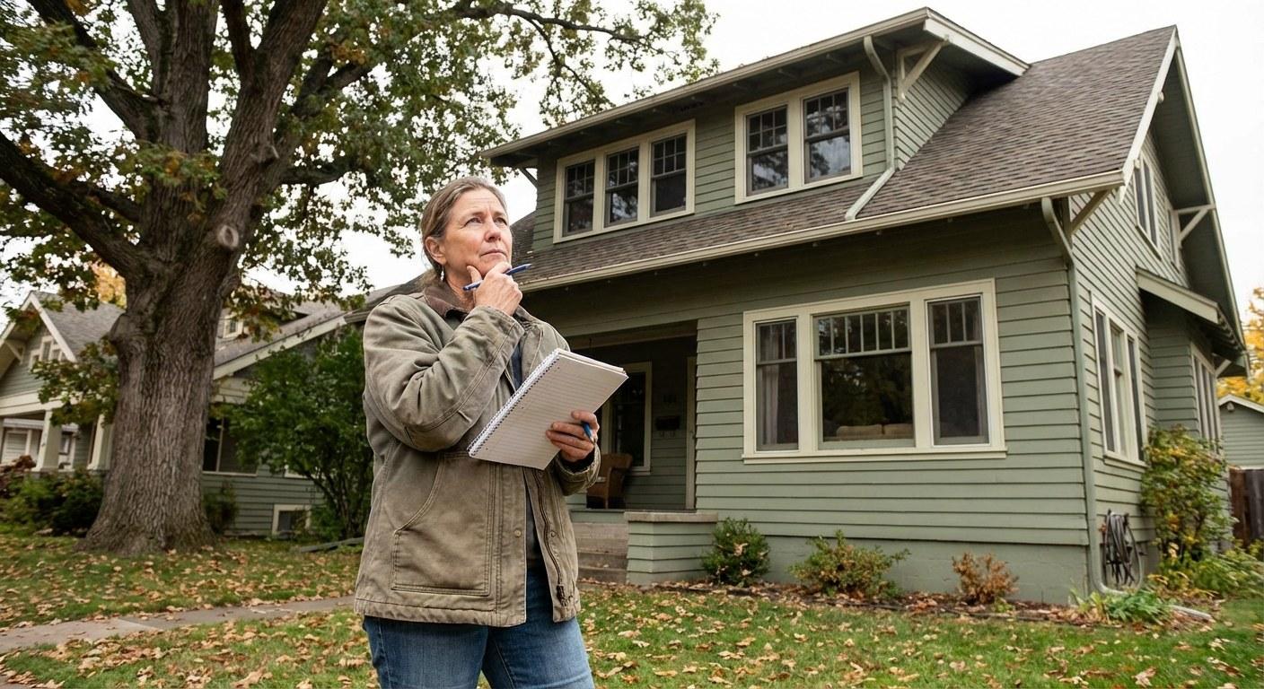 A homeowner stands on their lawn, calmly planning their home maintenance budget.