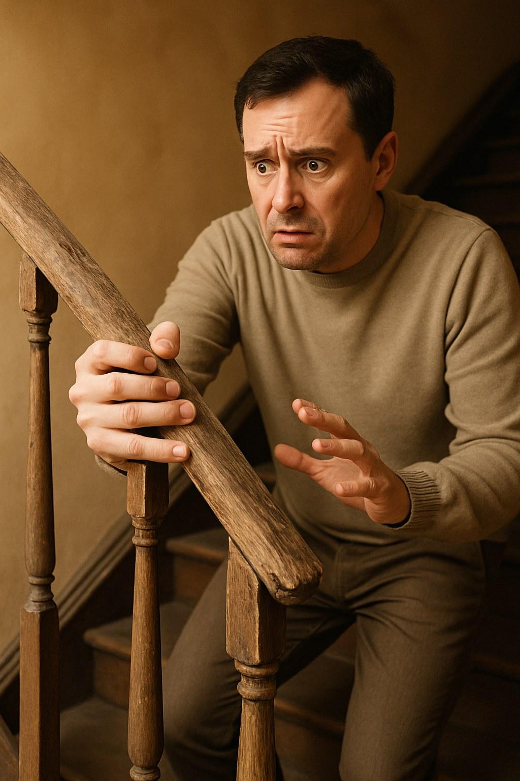 A person's hand gripping and wiggling a loose wooden stair handrail.