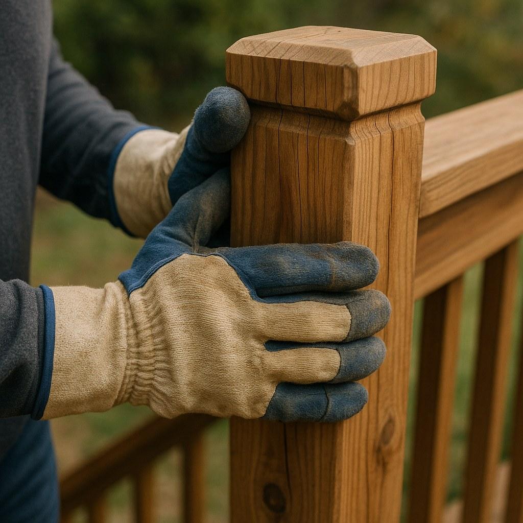 A person testing a wobbly wooden deck railing for looseness.