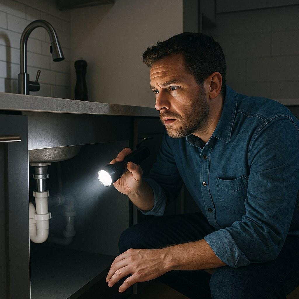 A person inspecting the plumbing pipes beneath a kitchen sink.