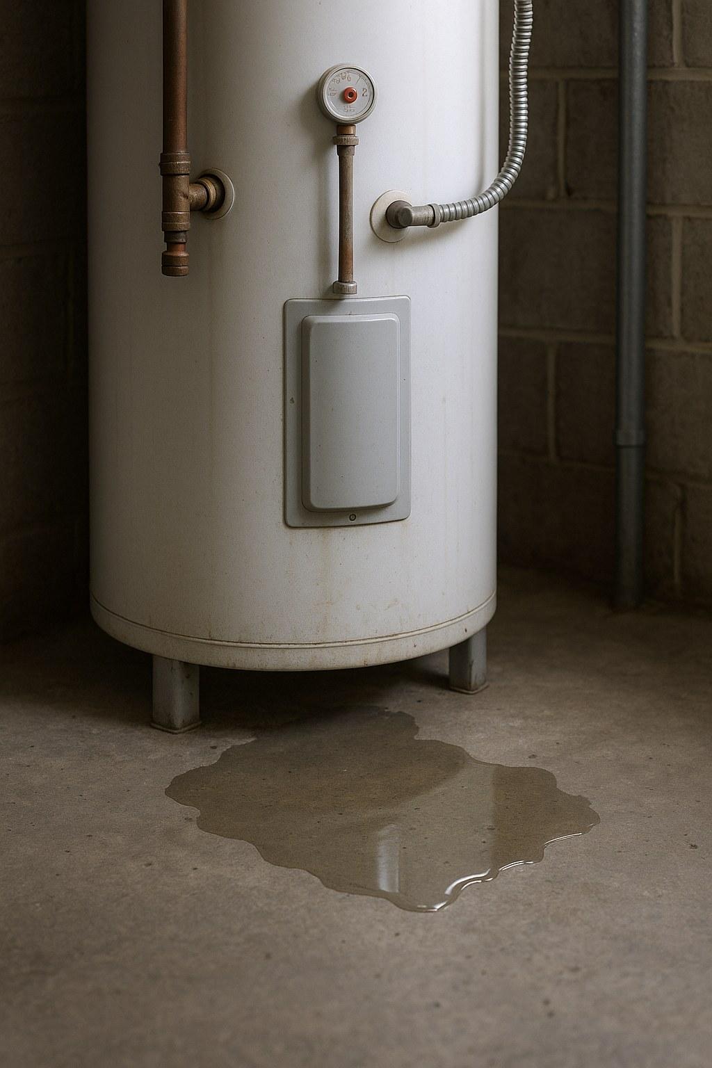 A puddle of water forming around the base of a leaking water heater