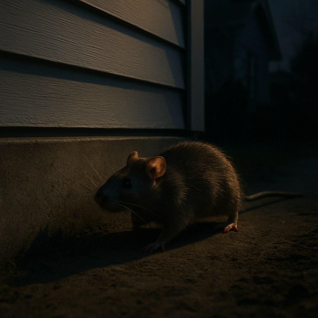 A rat seen outside a house near some bushes