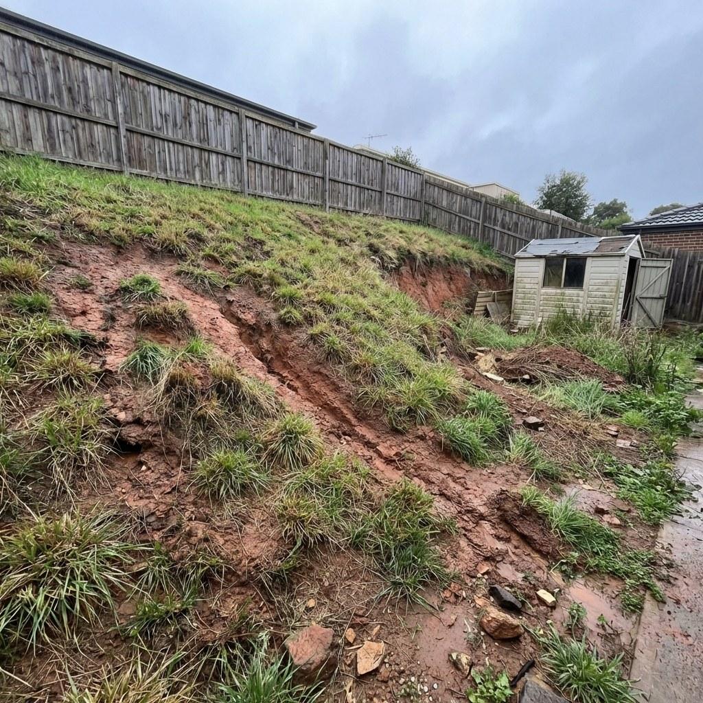 A sloped backyard showing signs of soil erosion