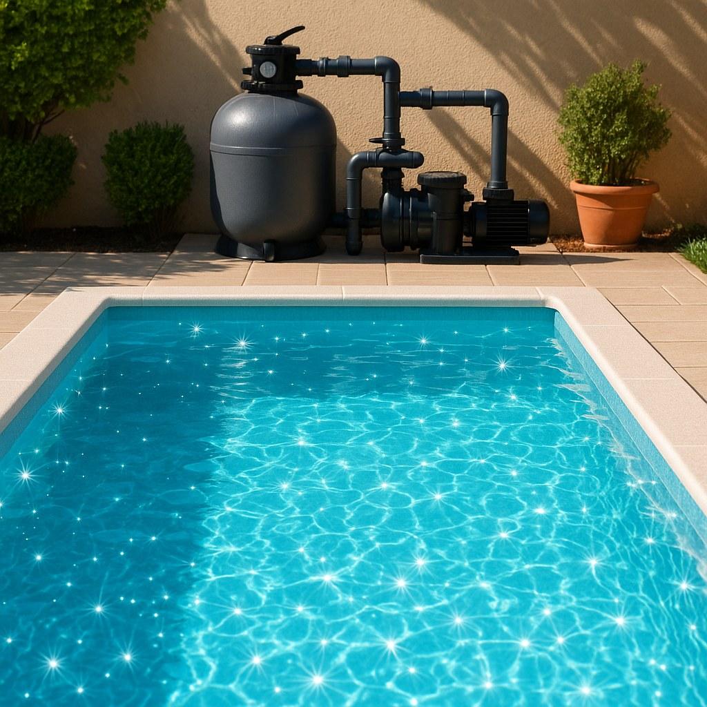 A pool pump system next to a clear blue swimming pool
