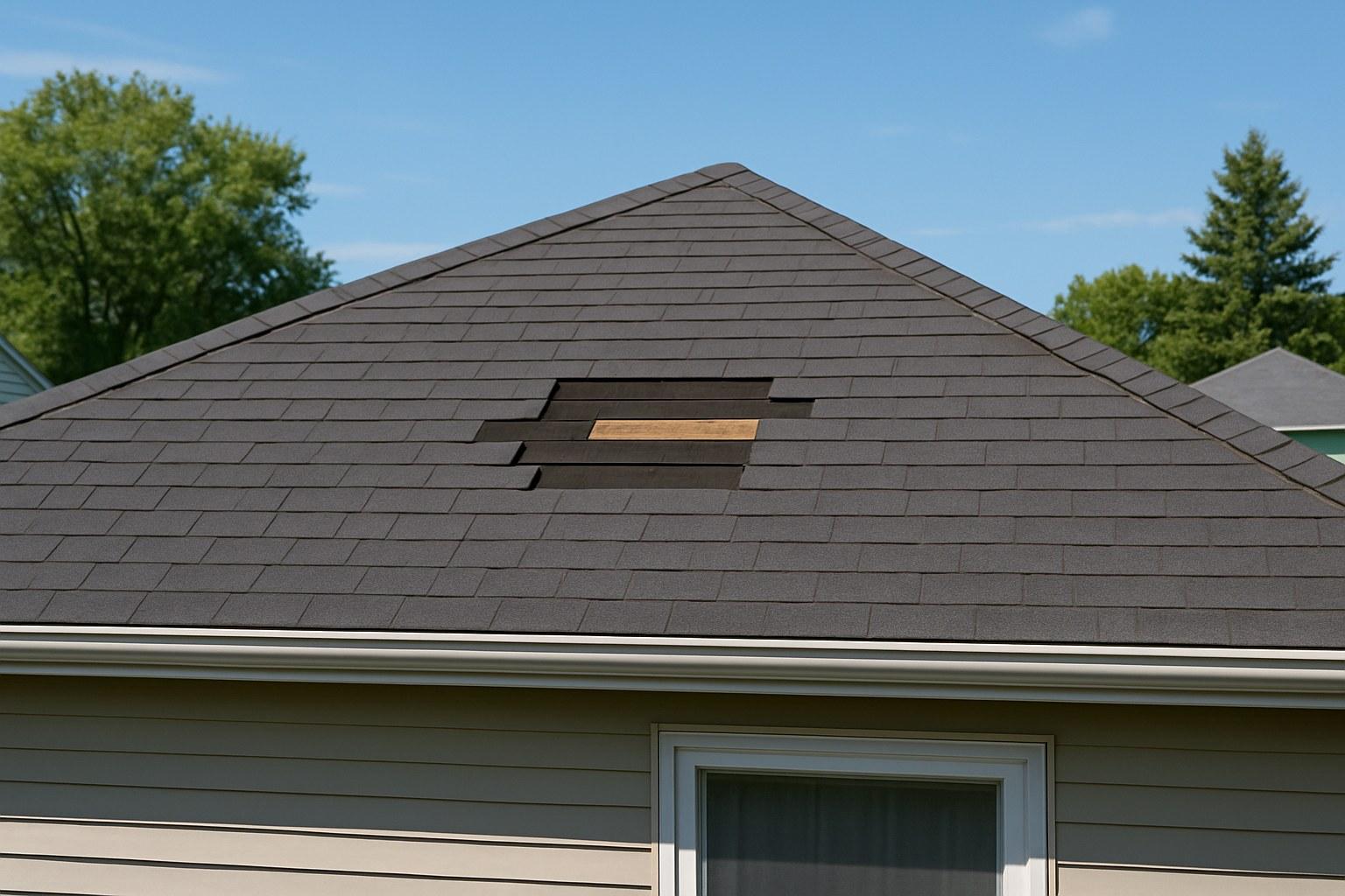 A residential roof with a small patch of missing asphalt shingles.