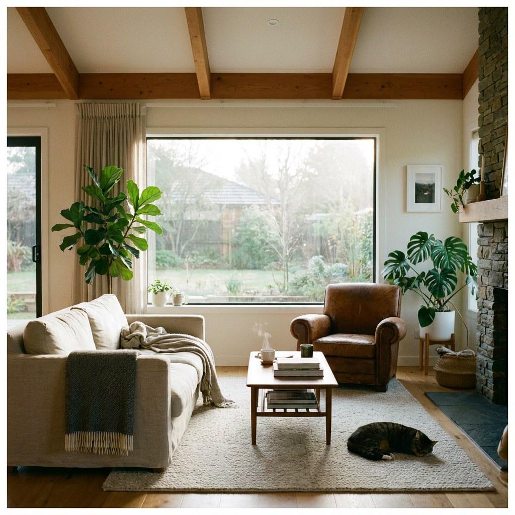 A calm bright living room in a well-cared-for home