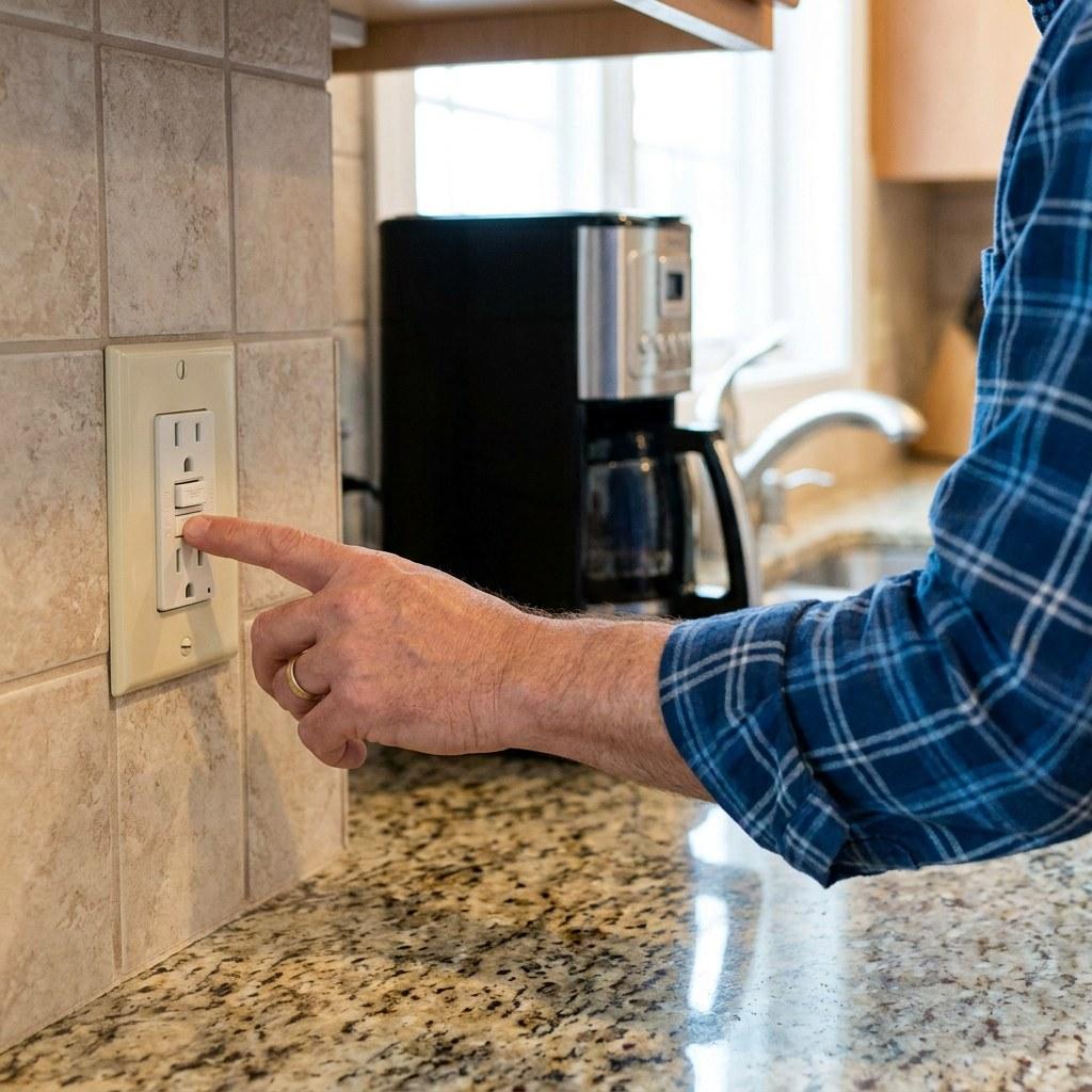 A homeowner testing a GFCI electrical outlet in a kitchen