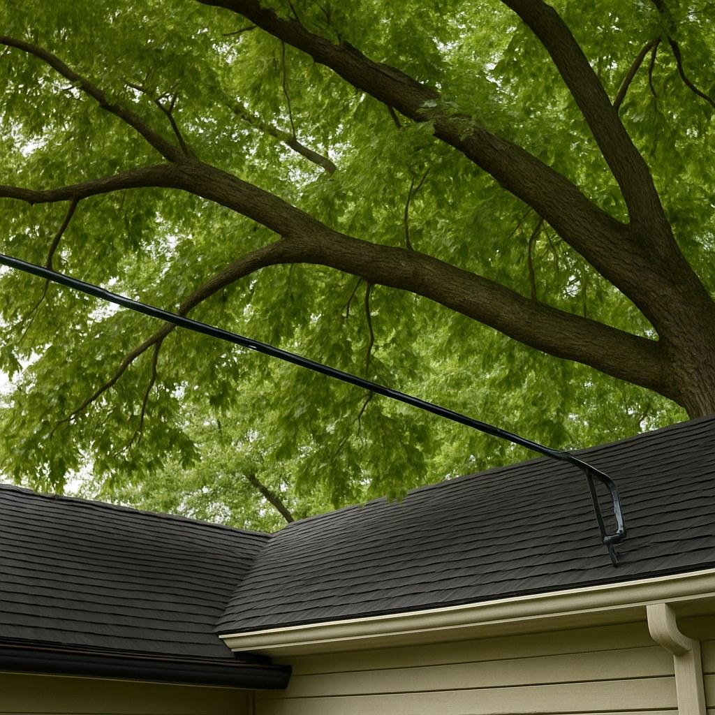 Tree branches hanging over a residential house and power lines