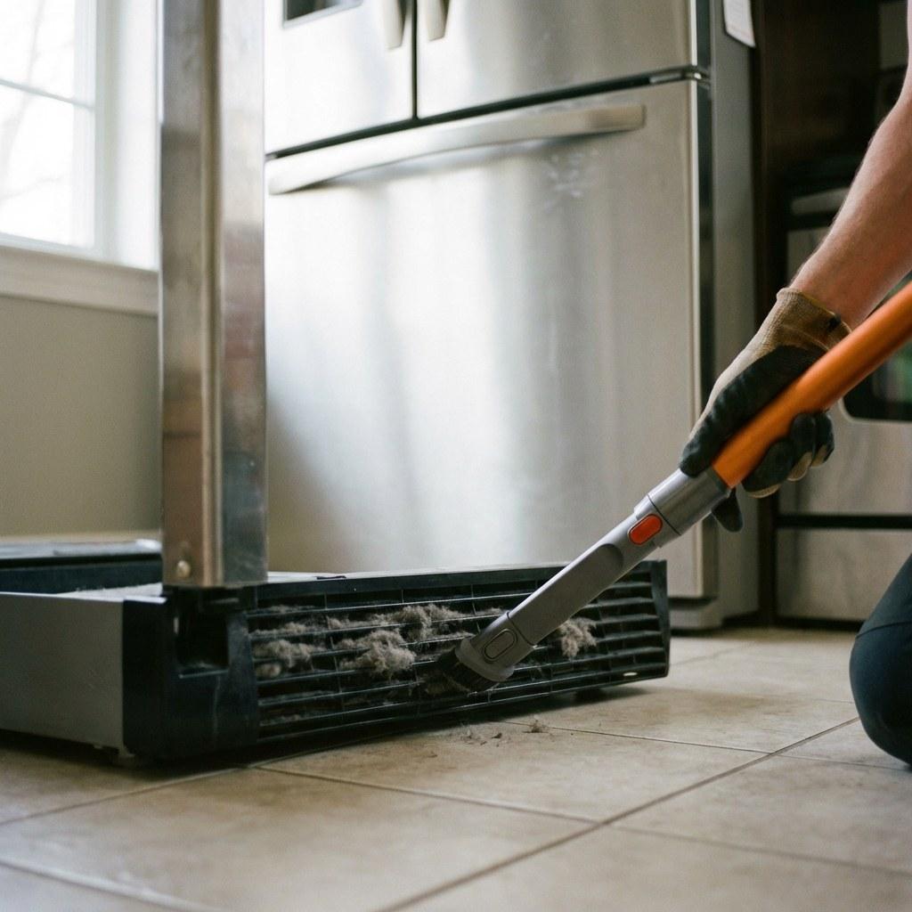 A person using a vacuum attachment to clean dust from refrigerator coils at the base of the appliance