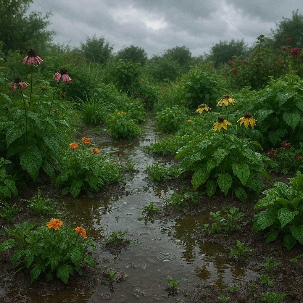 A garden with significant water pooling on the ground