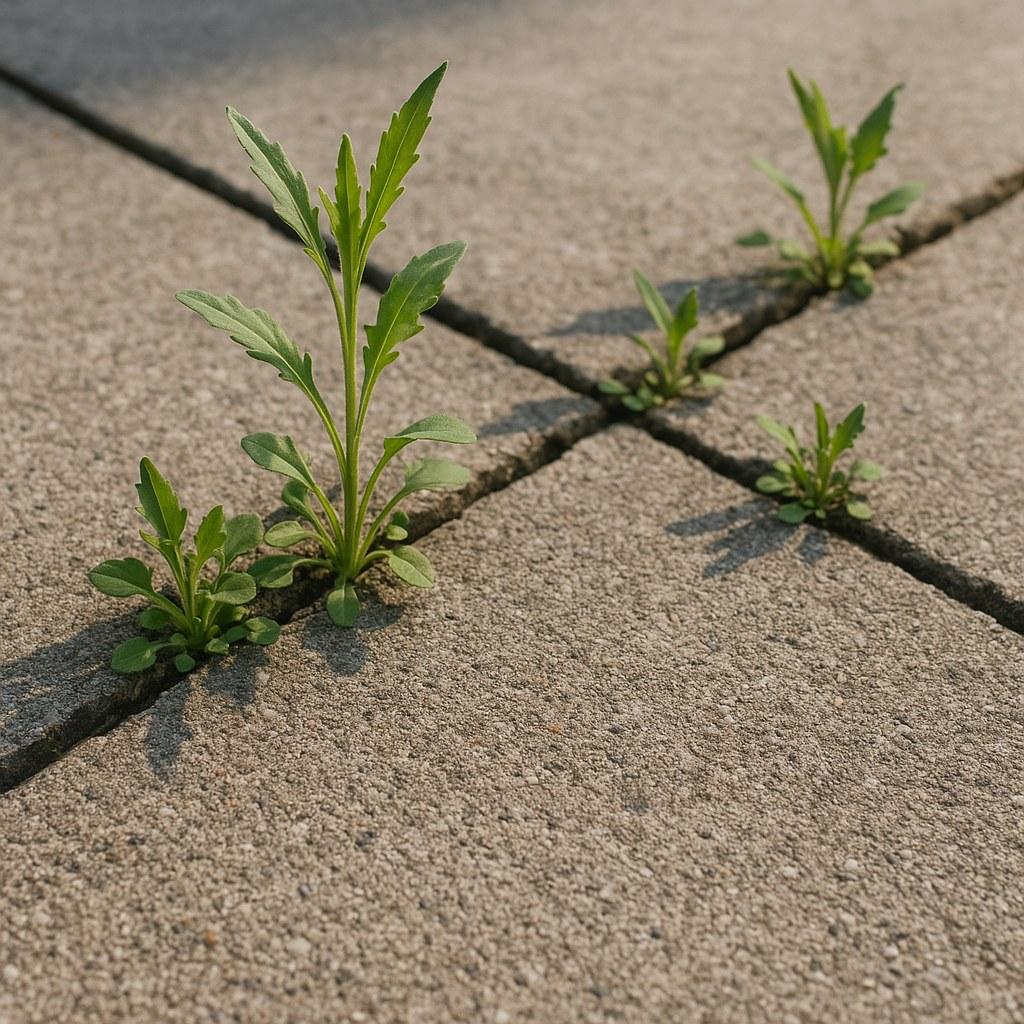 Close-up of stubborn weeds growing in the cracks of a concrete sidewalk.