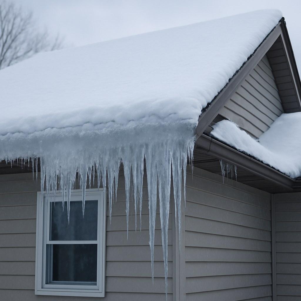A thick ice dam with icicles formed on the edge of a residential roof