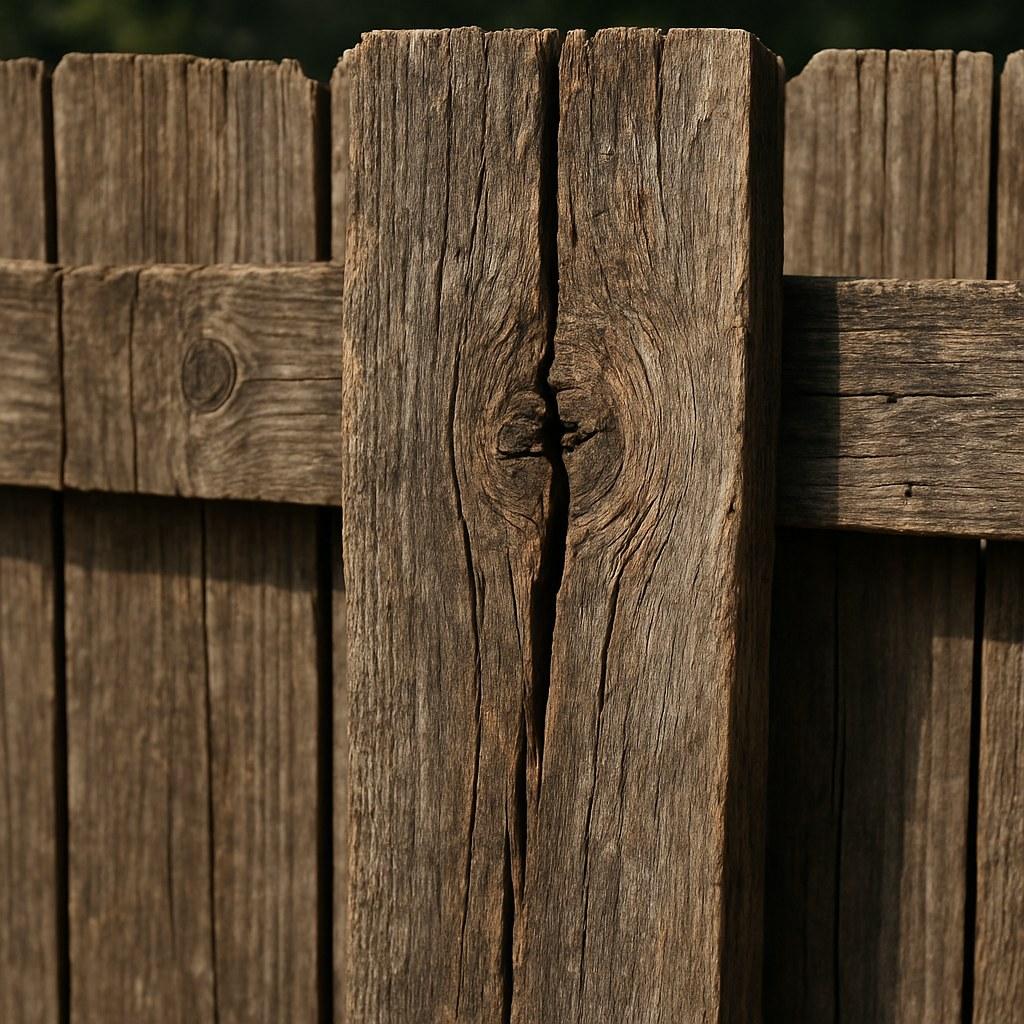 A close-up of a split and rotten wooden fence board.