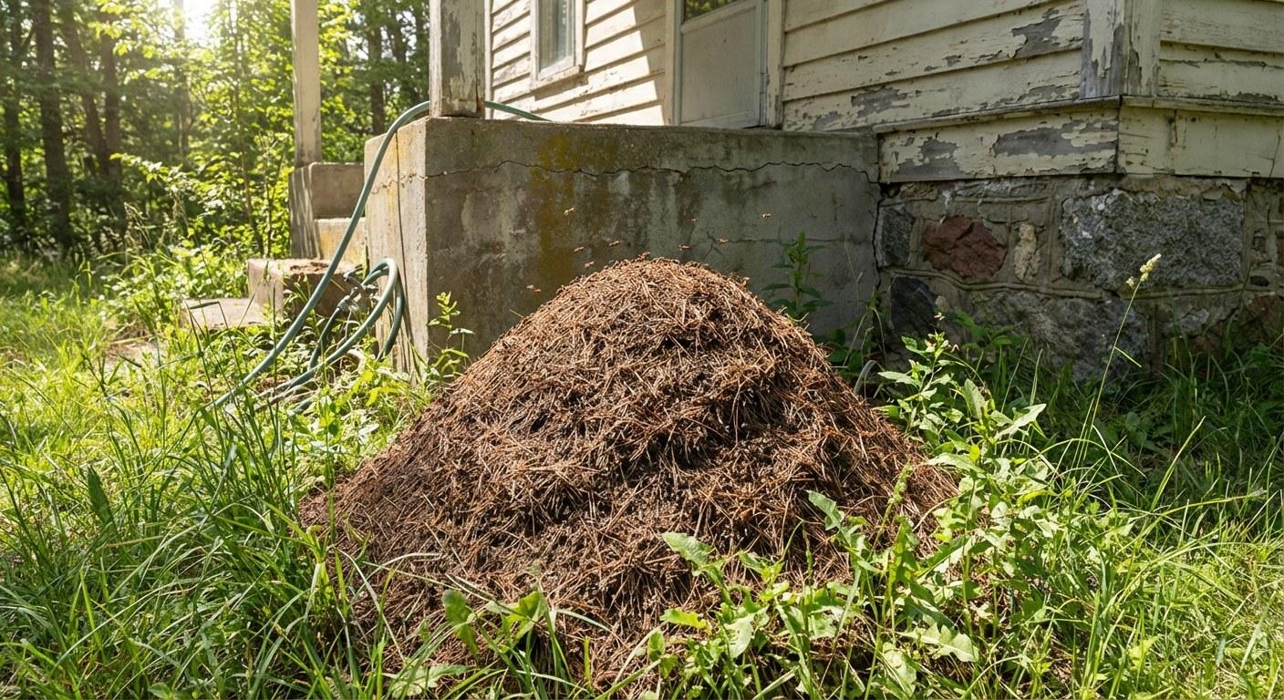 An anthill mound in the grass next to the foundation of a house.