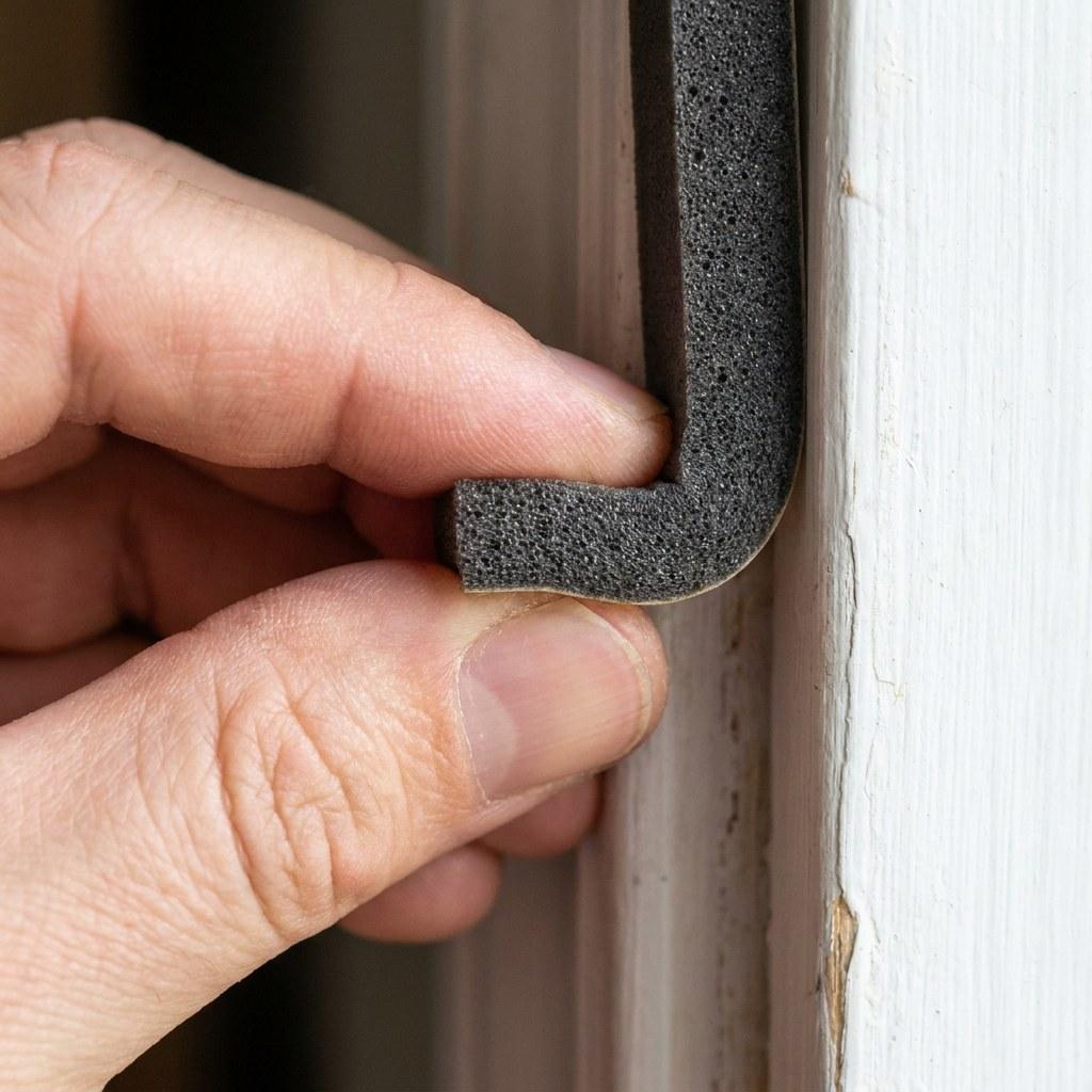 A person installing new weatherstripping along the edge of a door frame