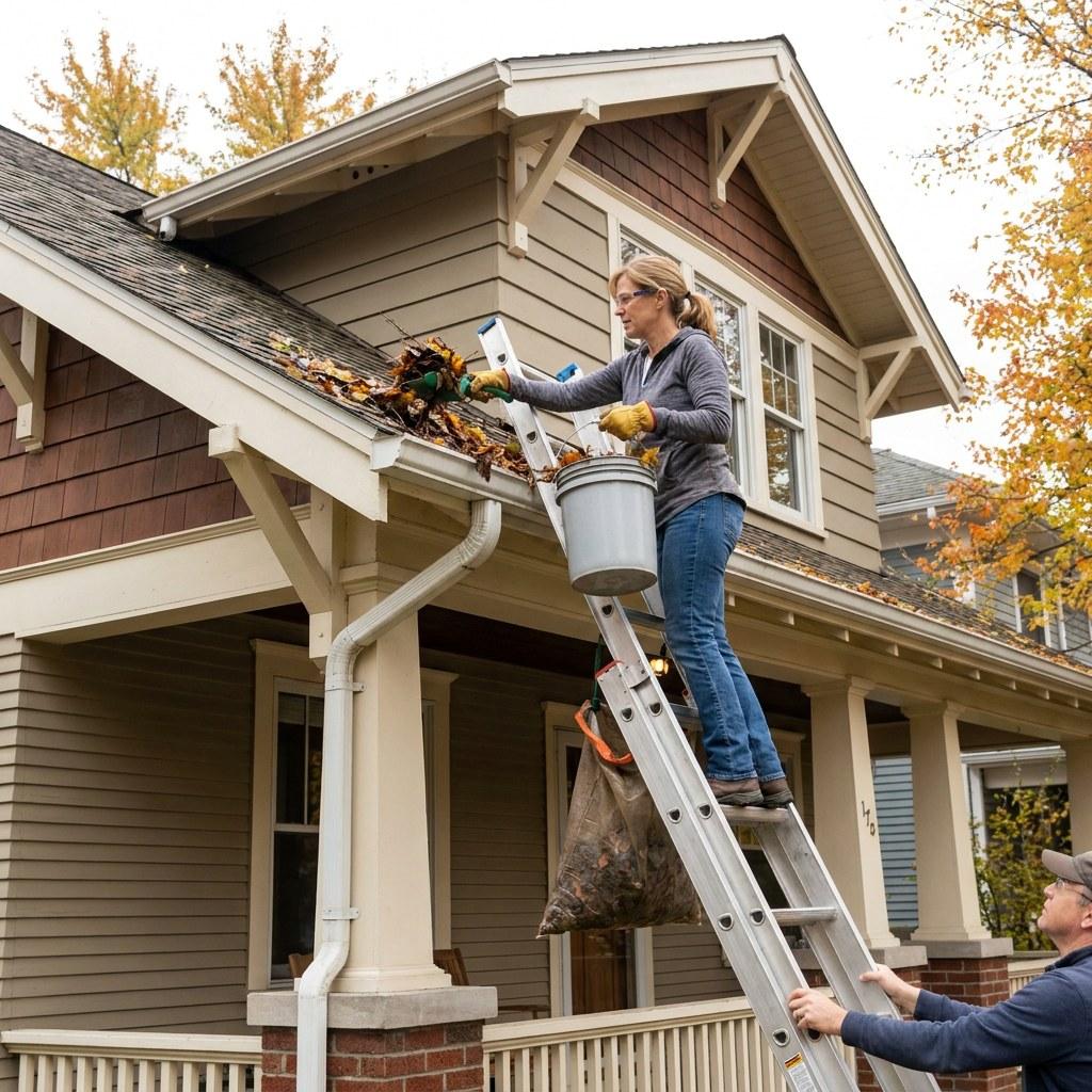 A homeowner on a ladder cleaning leaves out of a gutter