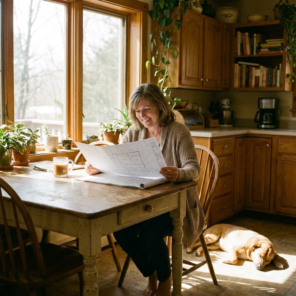 A homeowner reviewing home plans calmly at a kitchen table