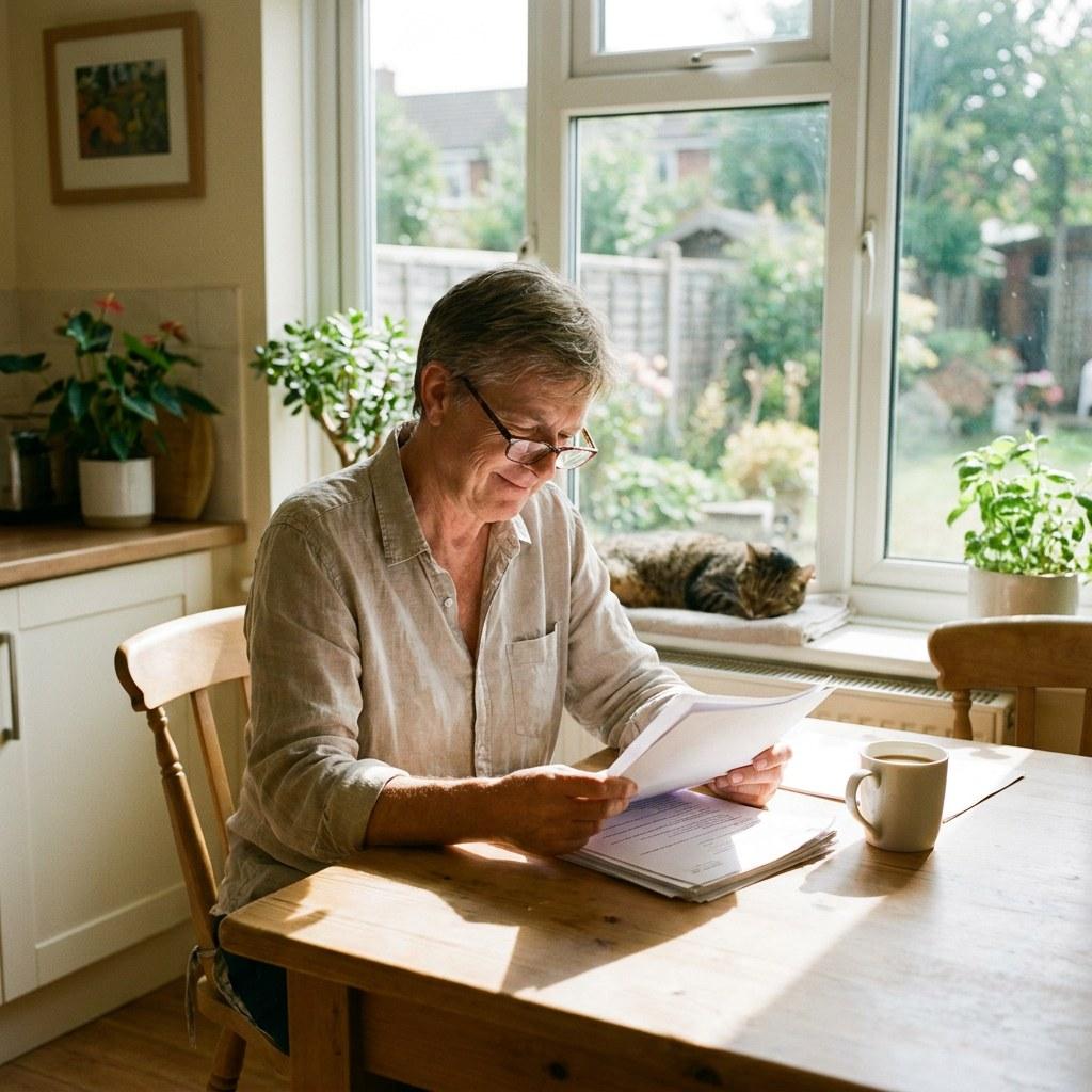 Homeowner sitting calmly at a kitchen table with a notebook and coffee