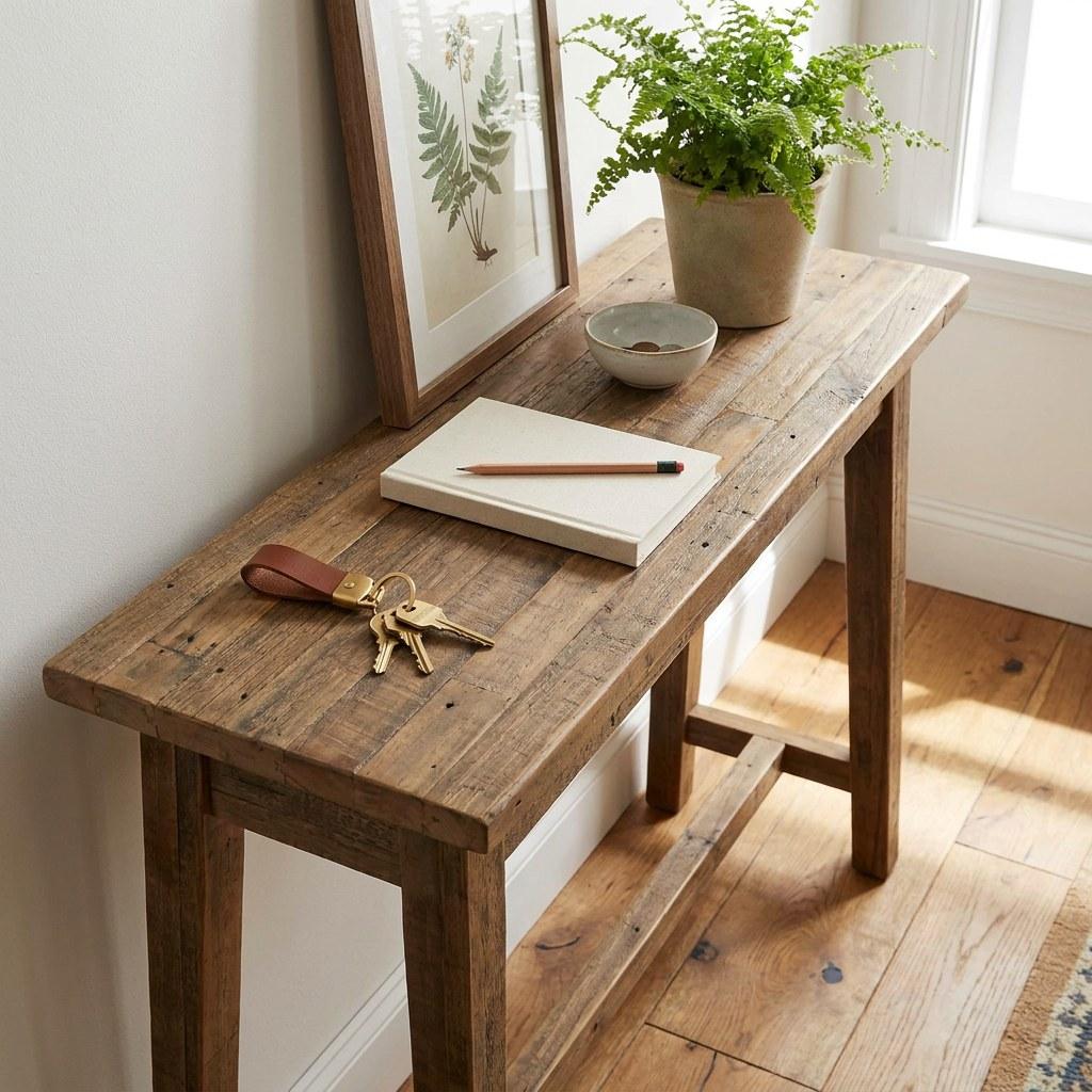 House keys and a notebook resting on an entryway table