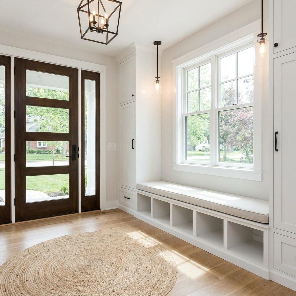 A newly renovated front entryway featuring a modern wood door and functional storage bench