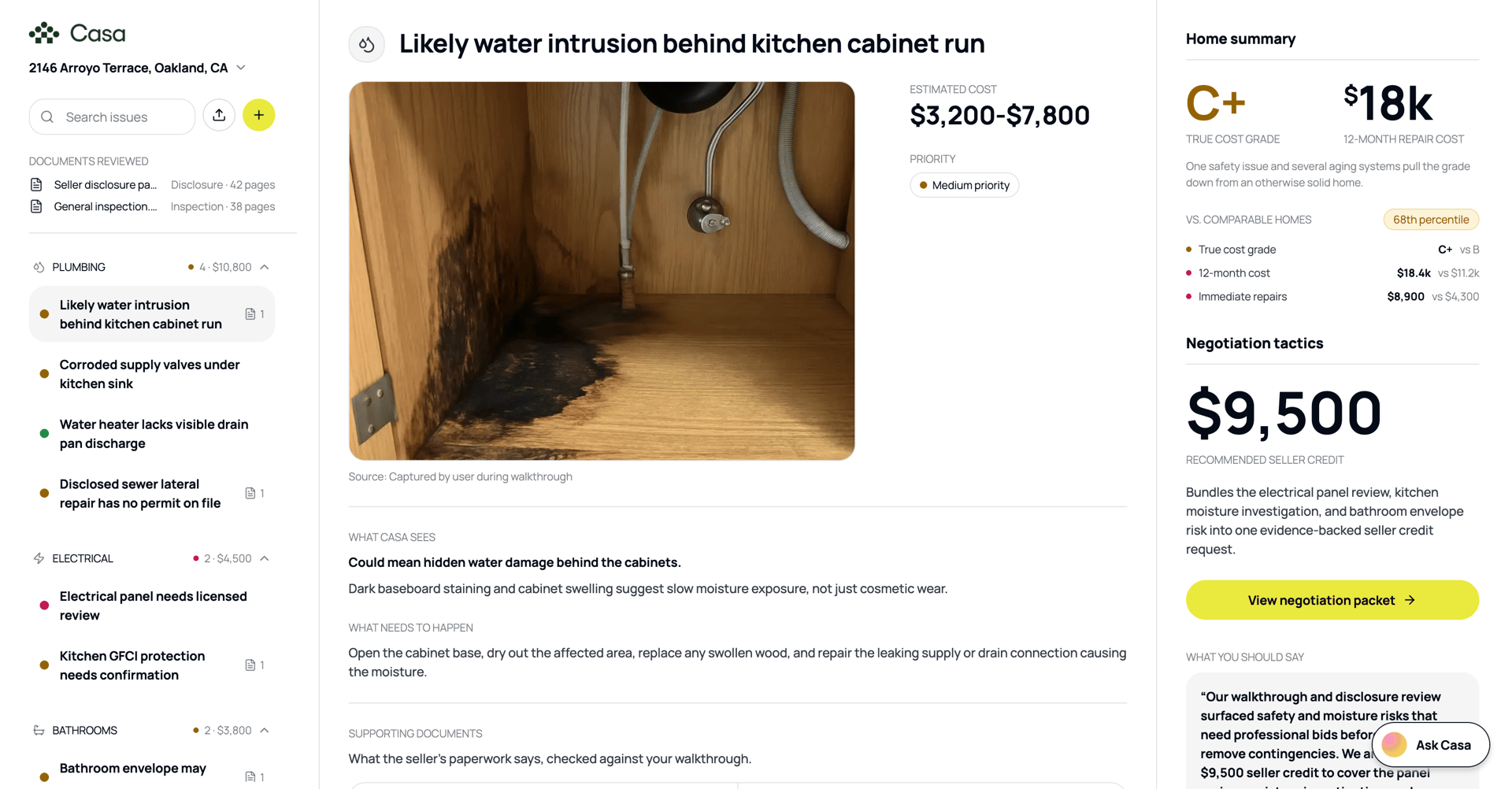 Casa Home Inspection True Cost breakdown screen with likely repairs and long-term costs