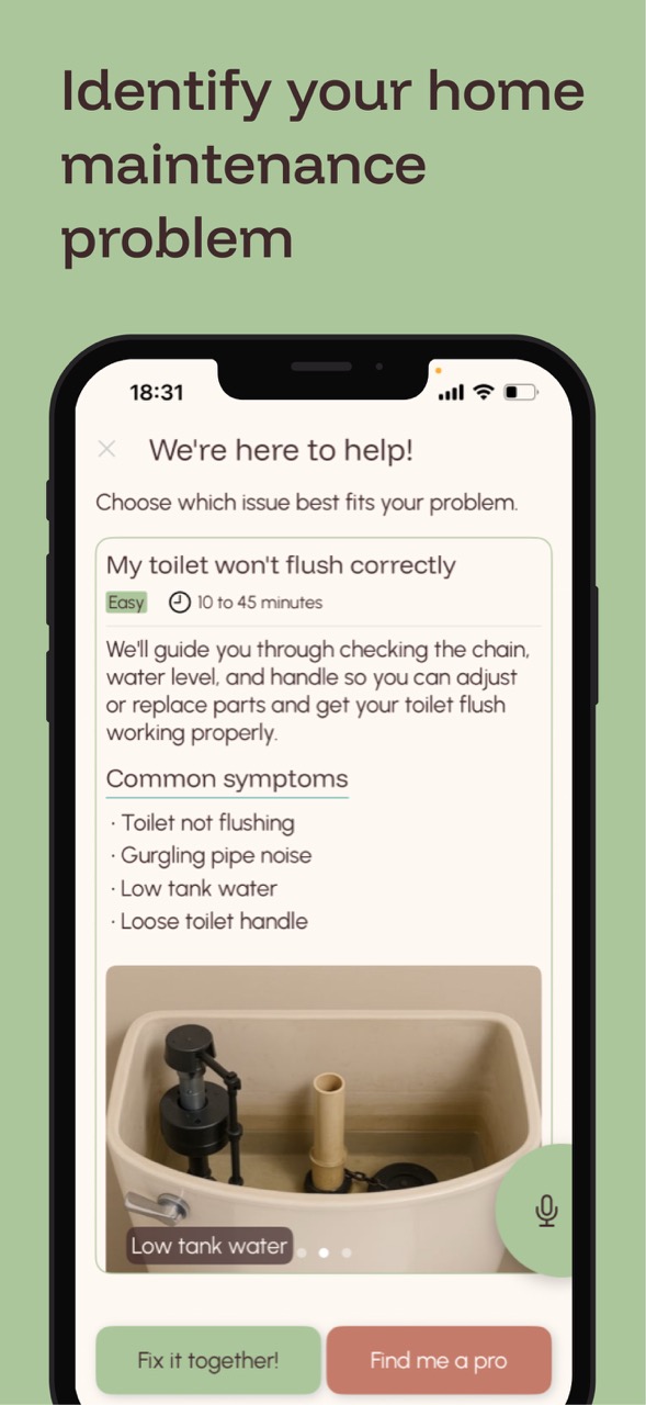 Mobile screenshot of the AI home maintenance app, Casa, delivering AI guidance as a trusted home repair assistant.