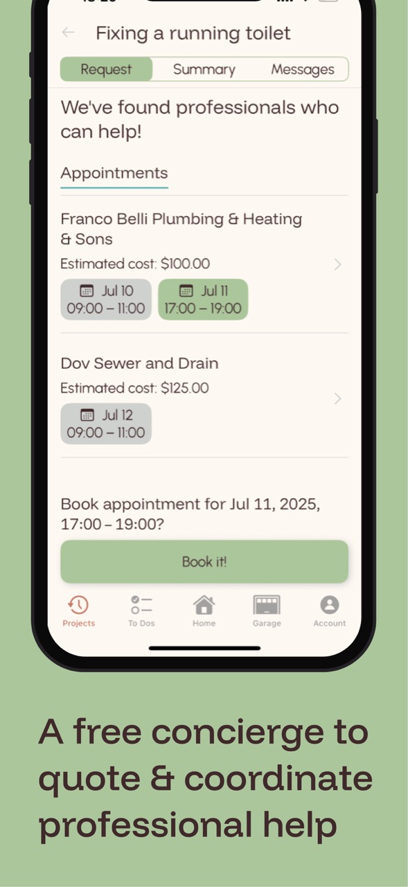Dashboard view of the AI home maintenance app coordinating professionals as a predictive maintenance app and personal home repair assistant.