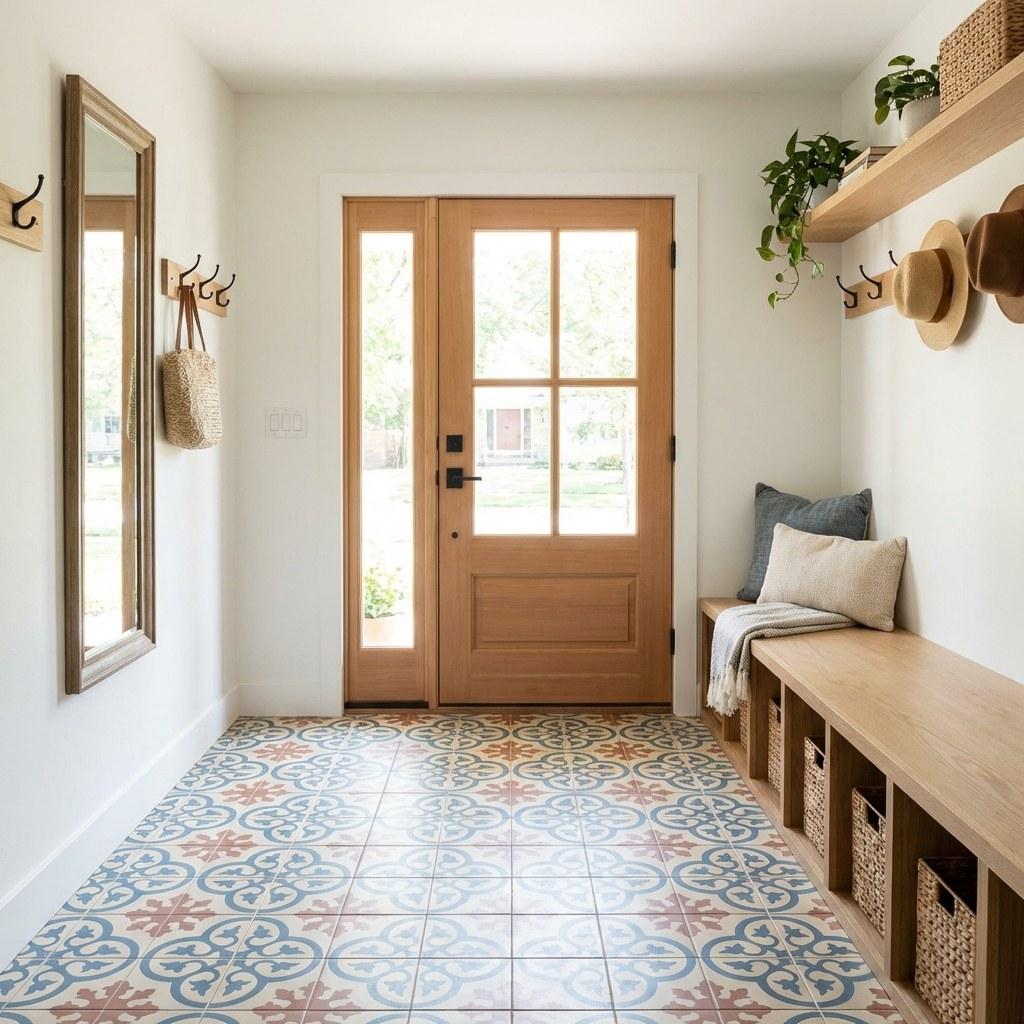 A clean and organized residential entryway with a front door and built-in storage bench