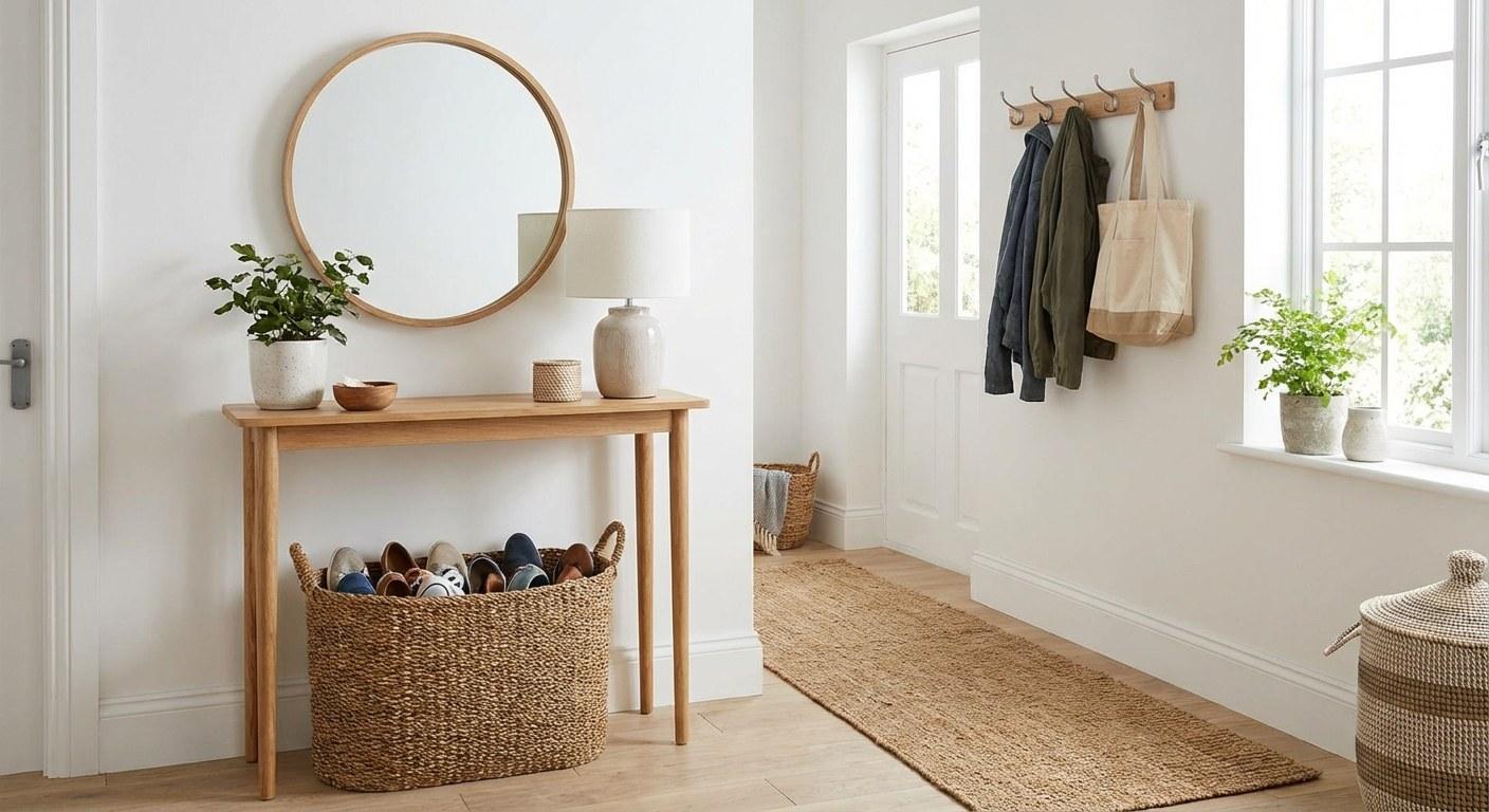 A well-organized modern entryway showing a slim wooden table, a large mirror, and practical storage solutions.