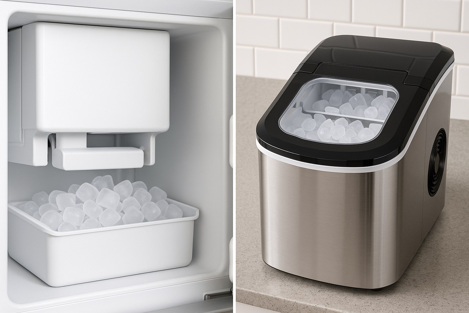A comparison of a built-in refrigerator ice maker and a stand-alone countertop ice maker