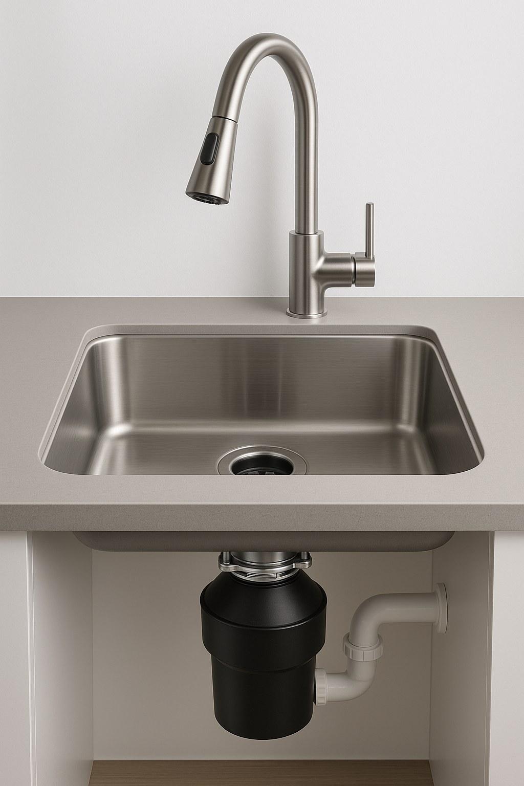 A clean kitchen sink, implying the garbage disposal is no longer smelly.