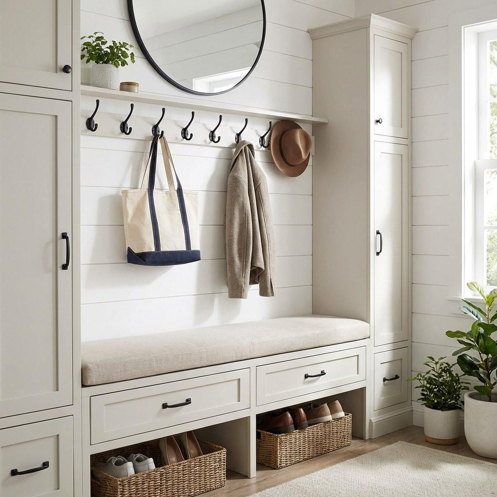 A well-organized home entryway featuring a built-in bench, hooks, and durable flooring.