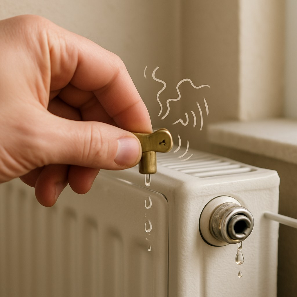 A person bleeding a hot water radiator with a radiator key.