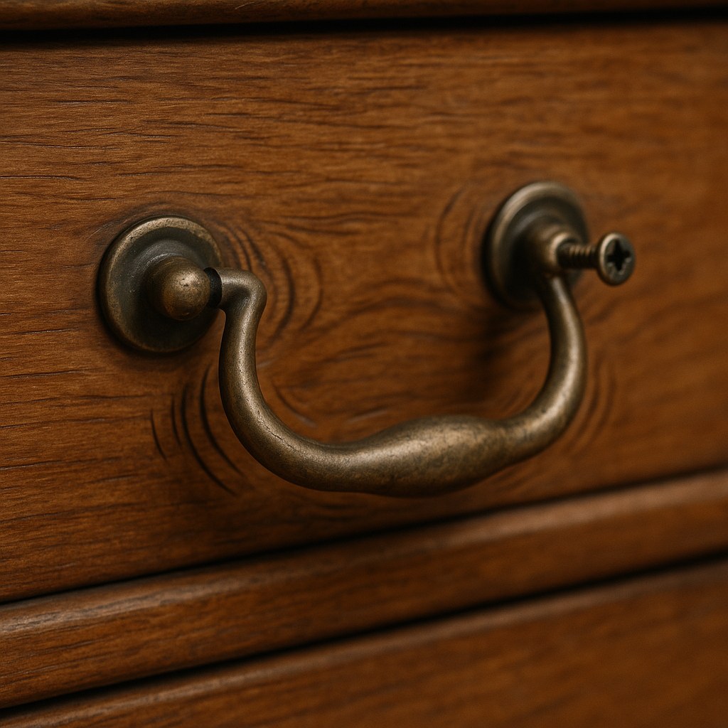 A person's hand wiggling a loose metal handle on a white drawer.
