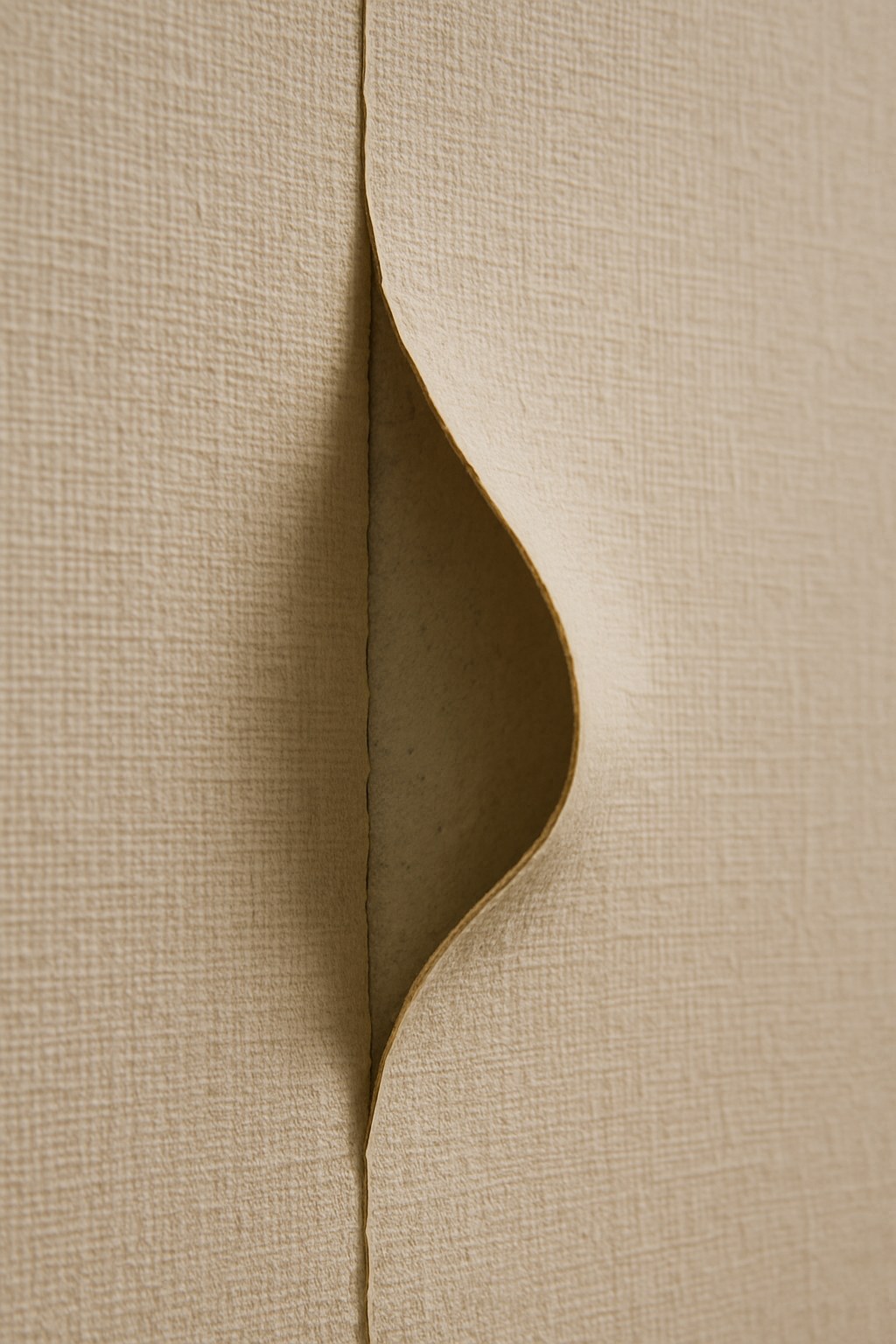 A wallpaper seam with curling edges separating from a light-colored wall.