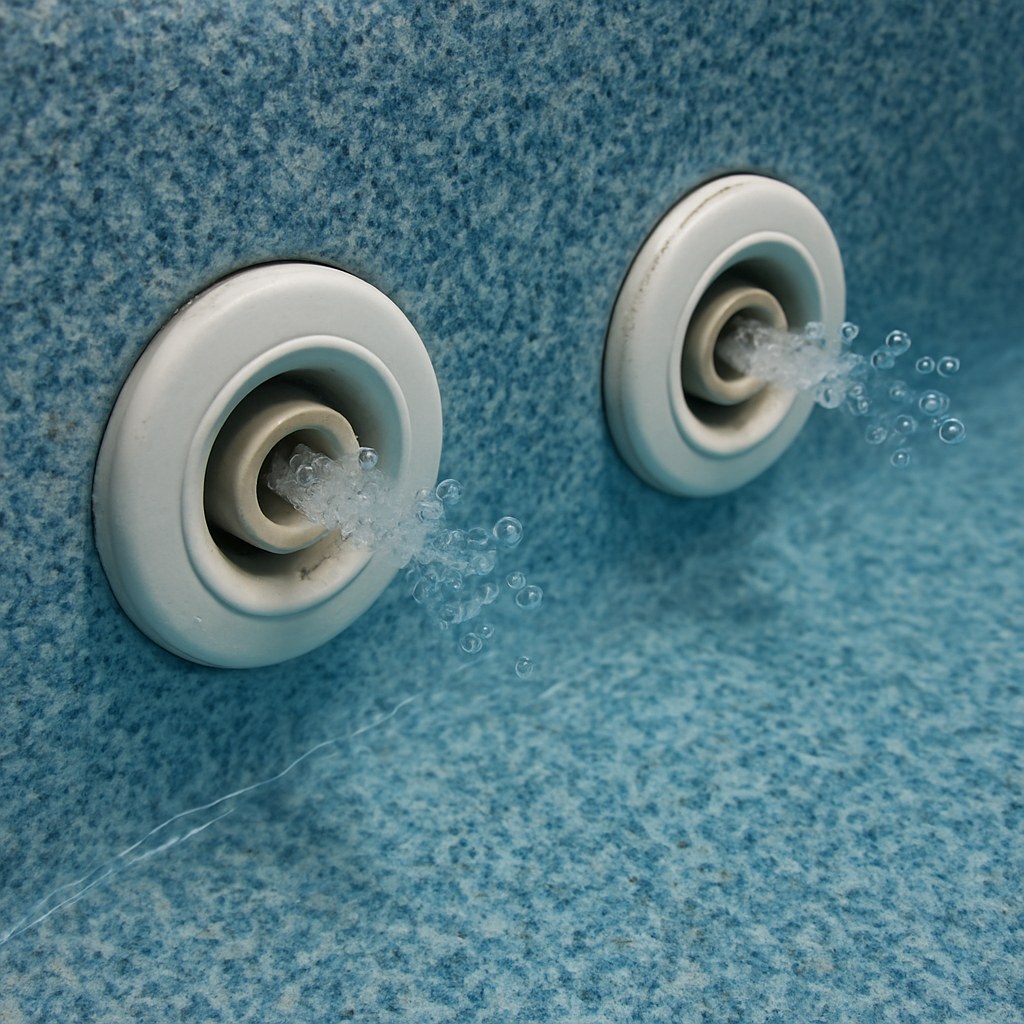 Pool return jets with weak water flow and bubbles coming out.