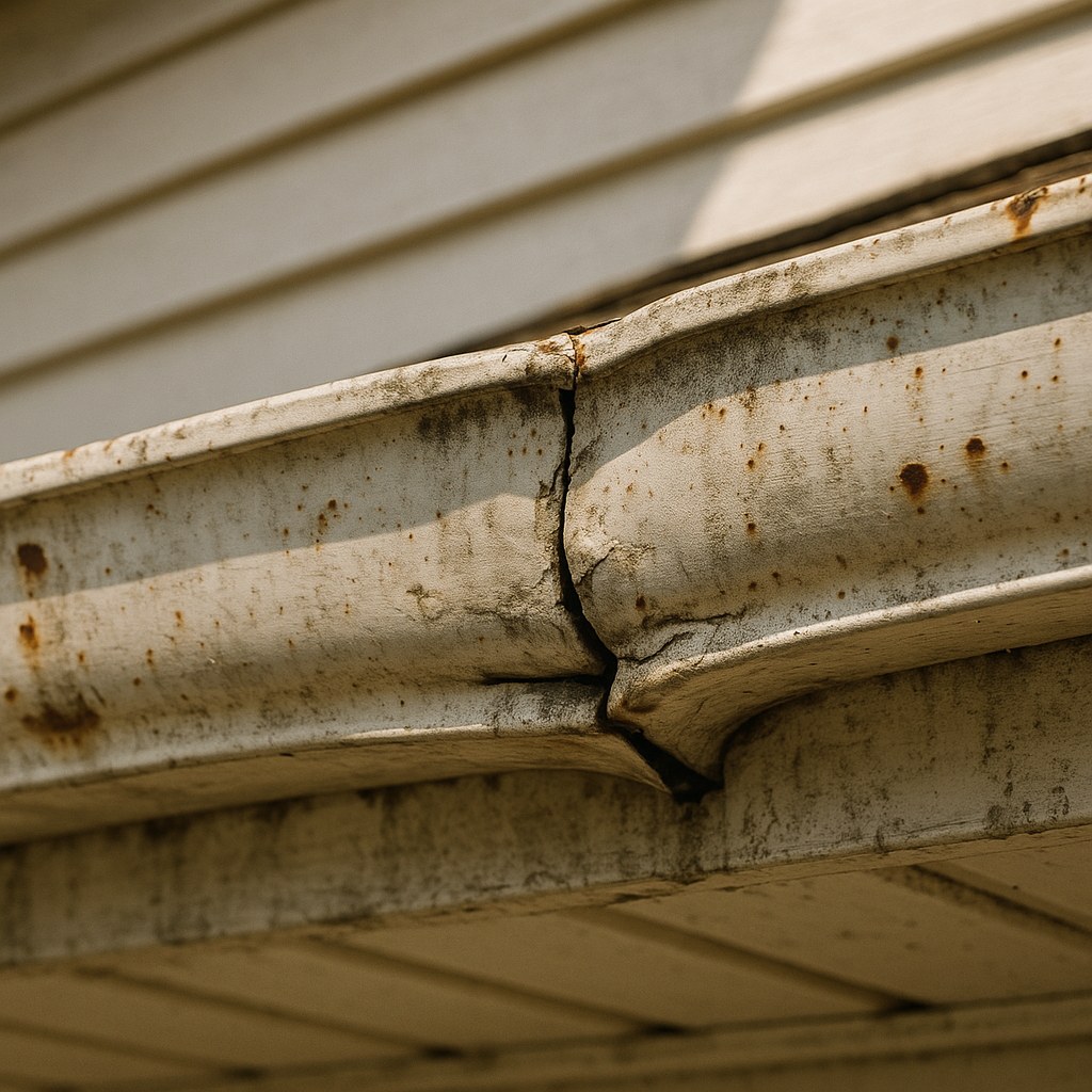 A sagging and cracked gutter in need of replacement