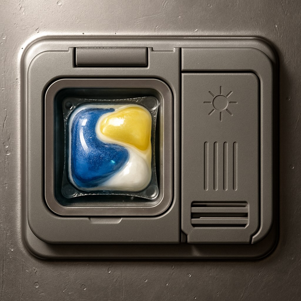 A dishwasher dispenser door that has failed to open during a wash cycle.