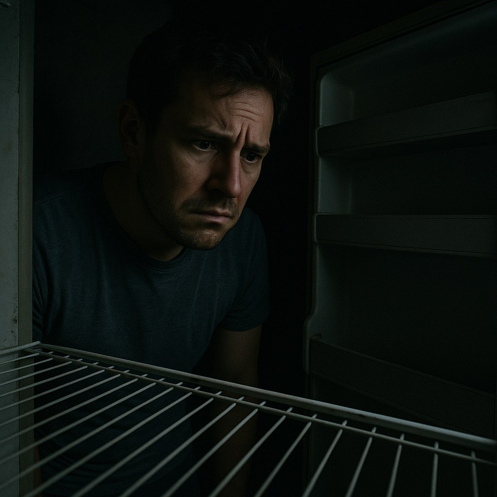 A refrigerator with its door open, showing no interior light and indicating a power issue.