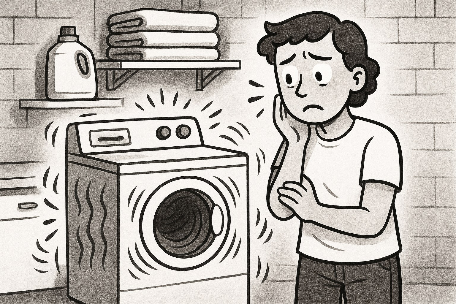 A person troubleshooting a noisy clothes dryer in their laundry room.