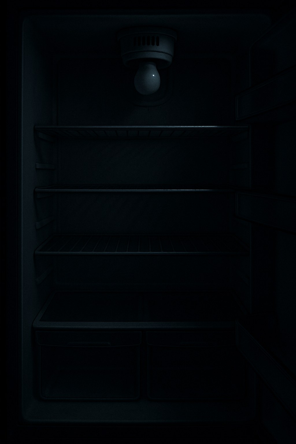 The dark interior of a refrigerator with the light out