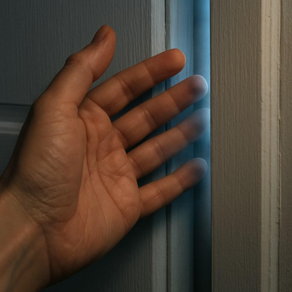 A hand feeling cold air leaking from a closed door.
