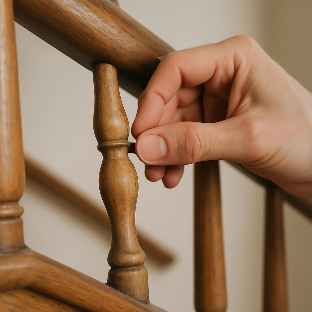 A hand testing the stability of a loose wooden stair baluster