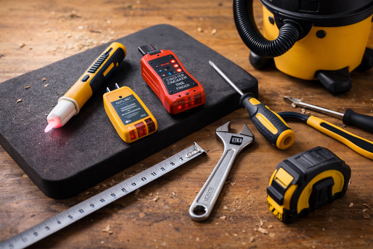 A collection of everyday handyman tools laid out on a workbench.