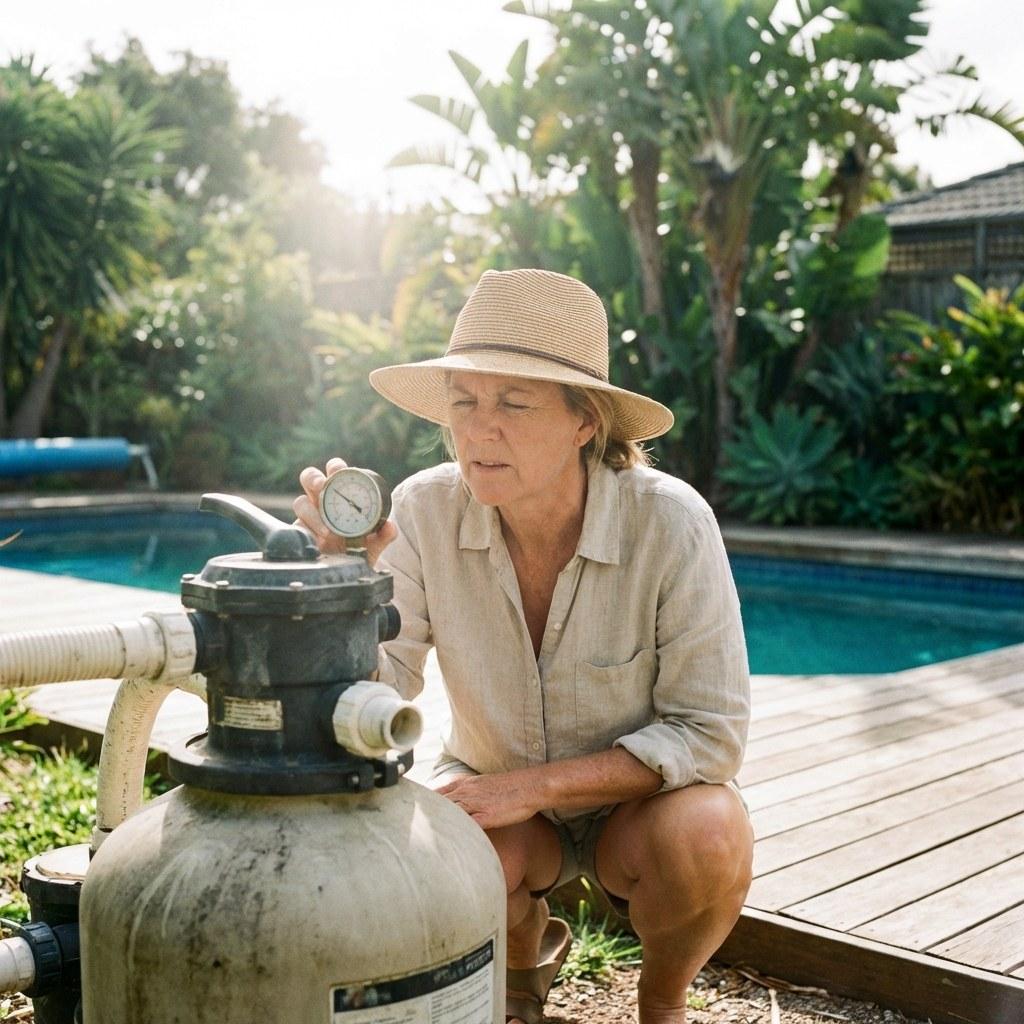 A person checking the pressure gauge on a pool filter tank