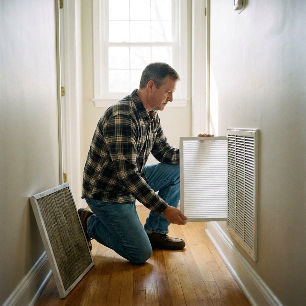 A homeowner sliding a clean white pleated air filter into an HVAC wall return vent