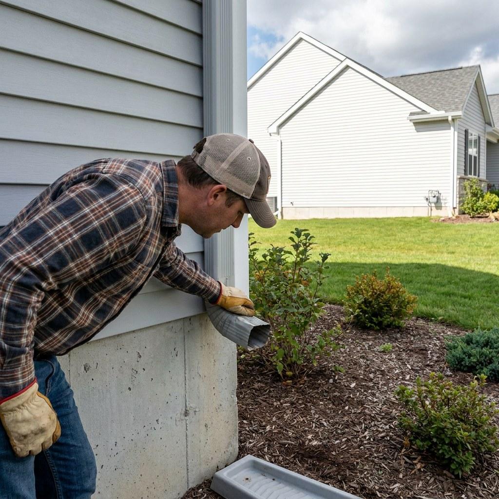 Homeowner checking downspout drainage in spring