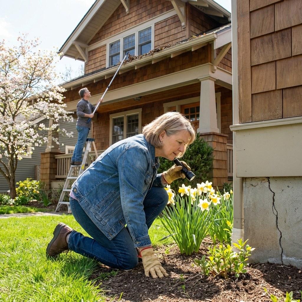 Homeowner walking around the outside of a house checking the siding and foundation