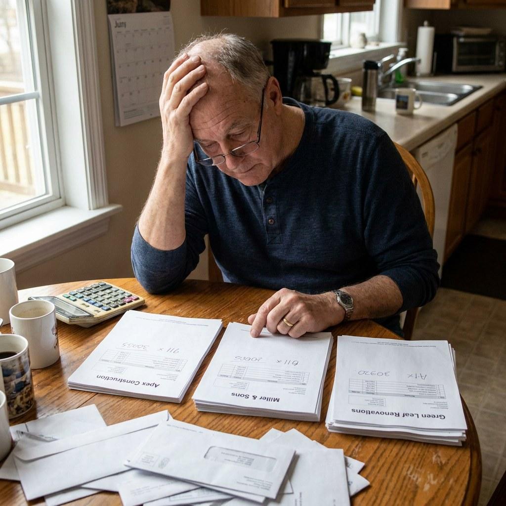 Homeowner reviewing paper contractor estimates at a kitchen table