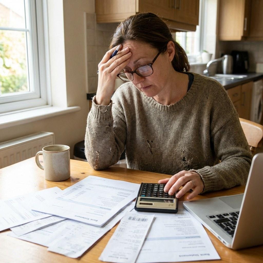 Homeowner reviewing a mortgage statement and using a calculator at the kitchen table